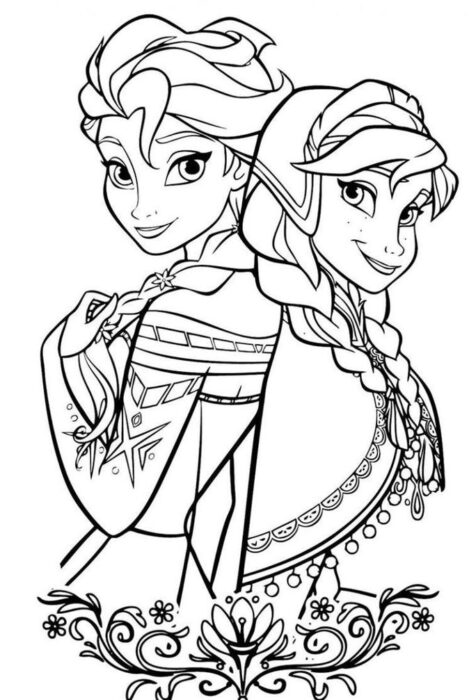 Elsa e Anna de Frozen para colorir: arte com detalhes florais e trajes característicos.