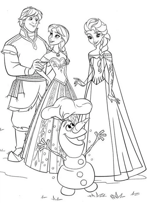 Desenhos da Frozen para colorir Conversando Frozen para colorir: Anna, Elsa, Kristoff e Olaf sorrindo em desenho detalhado. Explore a magia do reino de gelo!