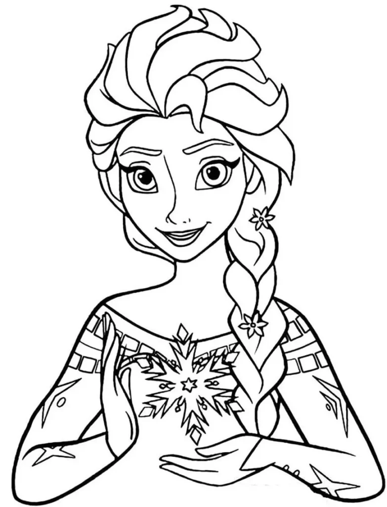 Desenhos da Frozen para colorir Elza Elza da Frozen para colorir: desenho detalhado com trança, flores e floco de neve. Ideal para atividades de pintura com tema Frozen.