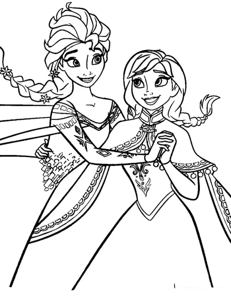 Desenhos da Frozen para colorir Lindas Desenhos da Frozen para colorir: Elsa e Anna em trajes detalhados com flores e tranças, ideal para estimular a criatividade.