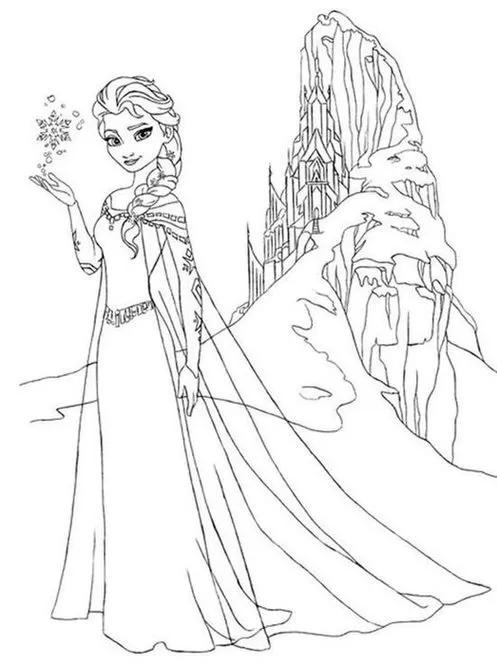 Desenhos da Frozen para colorir No castelo Elsa de Frozen para colorir no castelo de gelo: desenho detalhado da rainha com trança, vestido e flocos de neve. Ideal para atividades criativas.