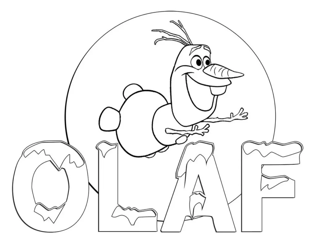 Desenhos da Frozen para colorir Olaf Olaf Frozen para colorir: Divertido desenho do boneco de neve com círculo e nome em estilo neve.