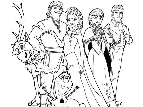 Desenhos da Frozen para colorir Todos felizes Frozen: Anna, Elsa, Olaf, Kristoff, Sven e Hans em desenhos vibrantes para dar cor à alegria de Arendelle.