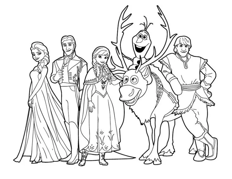 Desenhos da Frozen para colorir Turma completa Desenho Frozen para colorir: Elsa, Anna, Kristoff, Sven, Olaf e Hans reunidos. Imagem para atividades criativas com os personagens do filme.