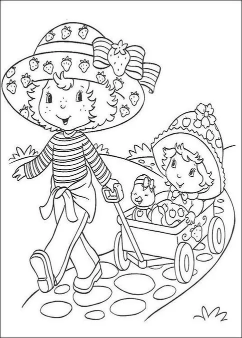 Desenhos da Moranguinho versão antiga Bebê no carrinho Moranguinho Bebê em carrinho de maçãs com patinho de brinquedo. Passeio divertido da Moranguinho versão clássica por caminho de pedras.