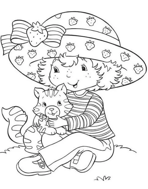 Desenhos da Moranguinho versão antiga Com a gatinha Moranguinho clássica e sua gatinha listrada no gramado ensolarado. Detalhes encantadores: chapéu e laço de morango. Imagem nostálgica da Moranguinho com sua adorável gata.