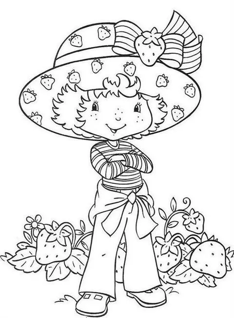 Desenhos da Moranguinho versão antiga Com chapéu Moranguinho clássica com chapéu de morangos e laço, vestindo roupa listrada e cercada por morangos. Detalhes de flores e cabelo encaracolado.