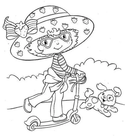 Desenhos da Moranguinho versão antiga Com patinete Moranguinho vintage de patinete com seu cão, look anos 80. Ícone da nostalgia!