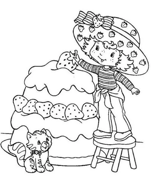 Desenhos da Moranguinho versão antiga Decorando bolo Moranguinho clássica decorando bolo de morango com gato. Nostalgia da personagem com chapéu de morango.