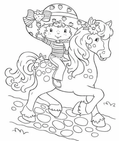 Desenhos da Moranguinho versão antiga No cavalo Moranguinho clássica com chapéu de morango e roupa listrada cavalgando pônei marrom em terreno rochoso. Aventura da Moranguinho em versão antiga.