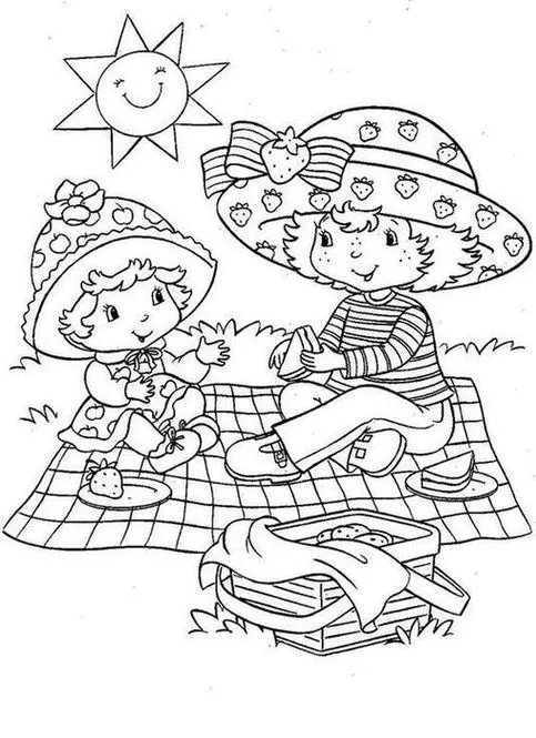 Desenhos da Moranguinho versão antiga No piquenique Moranguinho e versão adolescente em piquenique ensolarado: cesta de piquenique, toalha xadrez e comida deliciosa sob o sol. Meninas com chapéus de morango e maçã curtindo o dia.