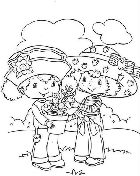 Desenhos da Moranguinho versão antiga Pé de morango Moranguinho antiga e amiga em dia ensolarado no campo. Desenhos com chapéus de morango e vaso de planta.