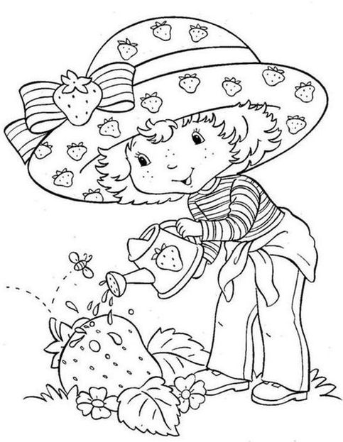 Desenhos da Moranguinho versão antiga Regando morango Moranguinho jardinando: rega de morango gigante com abelha observando. Desenho da personagem clássica no jardim.