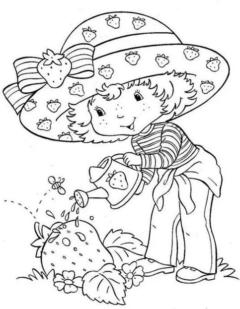 Desenhos da Moranguinho versão antiga Regando morango Moranguinho jardinando: rega de morango gigante com abelha observando. Desenho da personagem clássica no jardim.