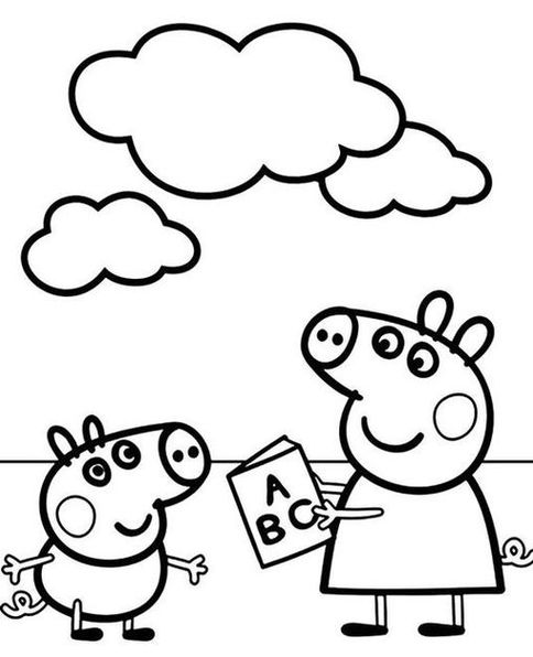 Peppa Pig aprendendo o alfabeto com a Mamãe Pig em desenho para colorir. Família Pig unida em momento divertido de aprendizado.