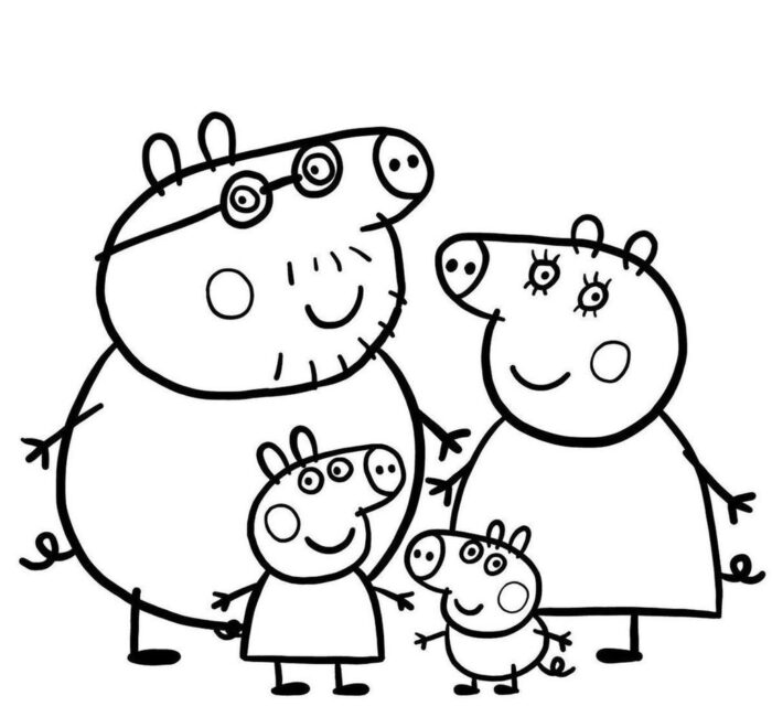 Família Pig para colorir: atividade criativa com Papai Pig, Mamãe Pig, Peppa e George Pig sorrindo.