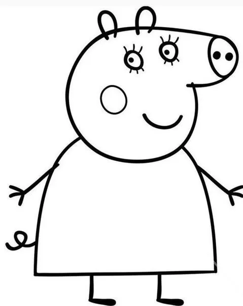 Peppa Pig para colorir: Desenho fofo da porquinha para imprimir e pintar. Detalhes da Peppa: cabeça redonda, focinho, vestidinho e rabo encaracolado.