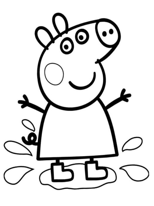 Peppa Pig se diverte pulando na lama: desenho para colorir da porquinha com botas em dia de aventura.