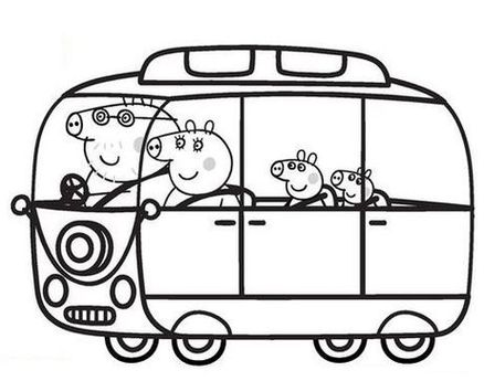 Peppa Pig e família no ônibus escolar para colorir: diversão criativa para crianças com a família Pig.