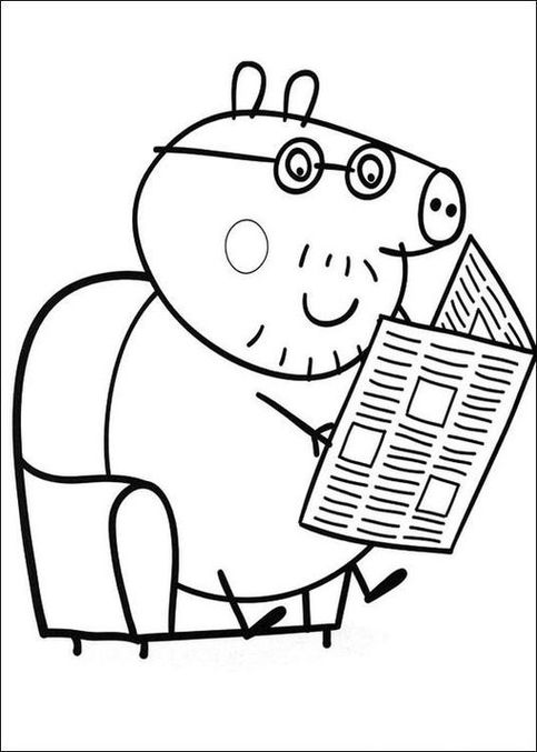 Papai Pig relaxando: Desenho para colorir do Papai Pig lendo jornal na poltrona. Perfeito para momentos em família.
