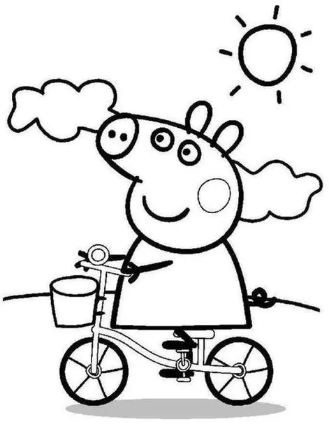 Peppa Pig pedalando com amigos: Desenho para colorir e estimular a imaginação.