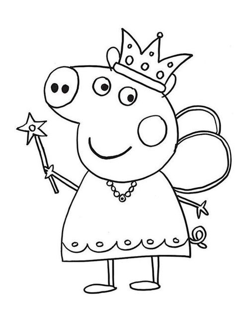 Peppa Pig Princesa para colorir: Desenho adorável com coroa, varinha e asas, perfeito para crianças darem vida com cores.
