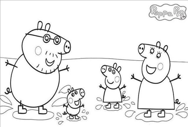 Família Peppa Pig se divertindo na lama para colorir. Papai Pig, Mamãe Pig, Peppa e George em desenho para pintar.
