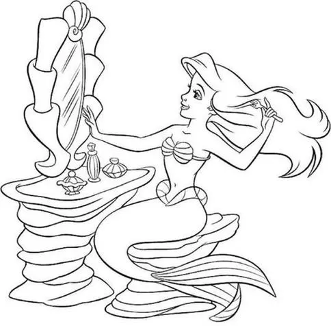 Ariel se admirando no espelho: Desenho da Pequena Sereia para colorir, estimulando a criatividade e a arte das crianças.