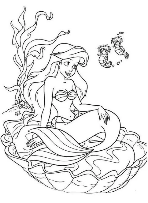 Ariel e cavalos marinhos para colorir: Desenho encantador da Pequena Sereia em uma concha com seus amigos do mar. Estimule a imaginação com este tema marinho!