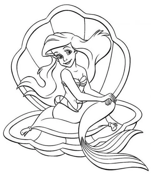 Ariel na concha: Desenho da Pequena Sereia para colorir e despertar a imaginação artística. Detalhe de Ariel sorrindo, sentada em sua concha.