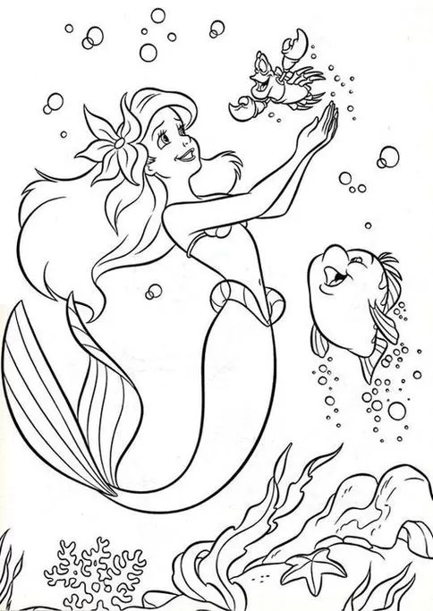 Ariel e amigos no fundo do mar: Desenho da Pequena Sereia para colorir e estimular a criatividade.