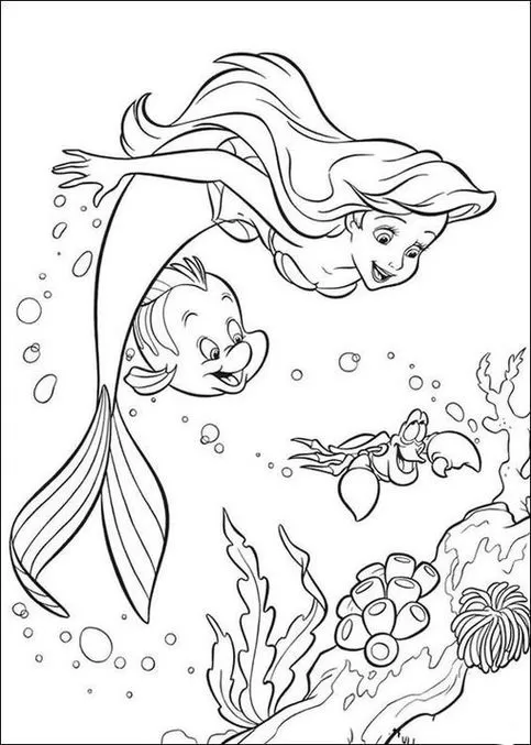 Desenho da Ariel no fundo do mar com Linguado e Sebastião para colorir. Explore a vida marinha com algas e corais.