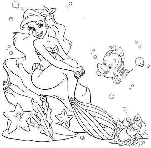 Ariel, Linguado e Sebastião em belos desenhos para colorir. A Pequena Sereia sentada na rocha com amigos no fundo do mar.