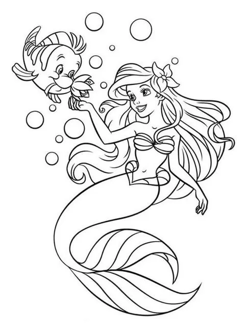 Ariel e Linguado para colorir: Desenho da Pequena Sereia com seu amigo Linguado, em cena encantadora com bolhas e flor. Ideal para atividades criativas!