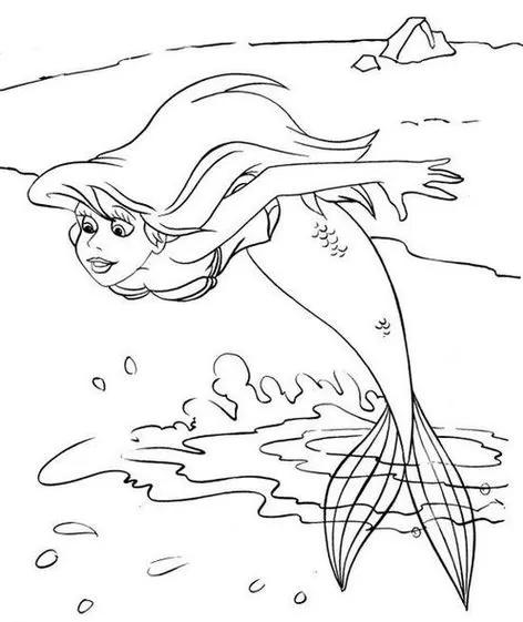 Desenho da Pequena Sereia para colorir: sereia emergindo do oceano com rochas ao fundo.