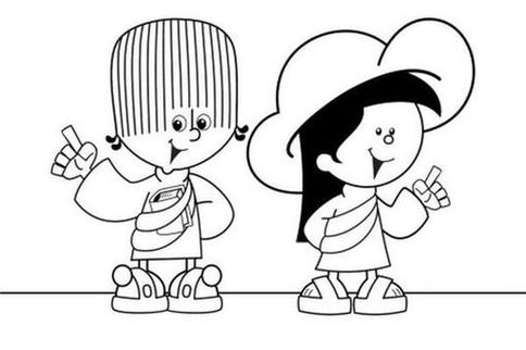 Turma do Cristãozinho Amigos: menino e menina apontando para o céu. Desenhos coloridos dos personagens do Cristãozinho.