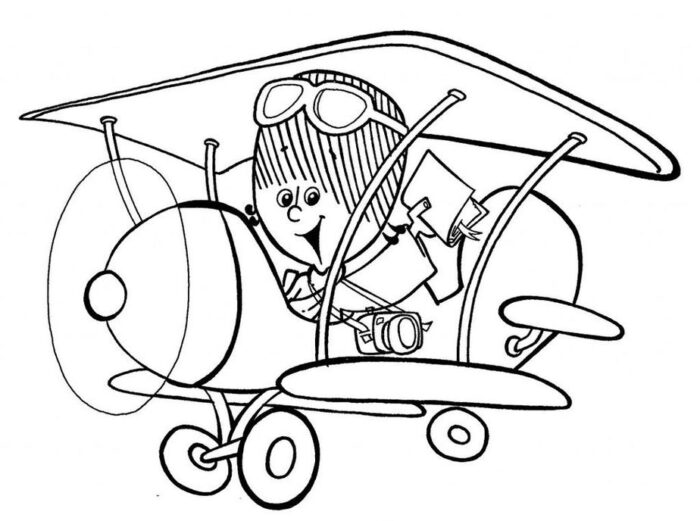 Avião da Turma do Cristãozinho com câmera e caderno. Desenho detalhado com piloto sorrindo e óculos de aviador.