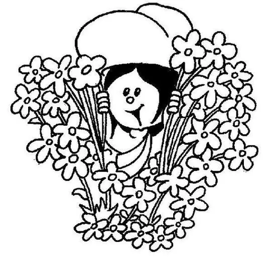 Menina feliz com chapéu entre flores coloridas da Turma do Cristãozinho. Desenho vibrante e alegre.