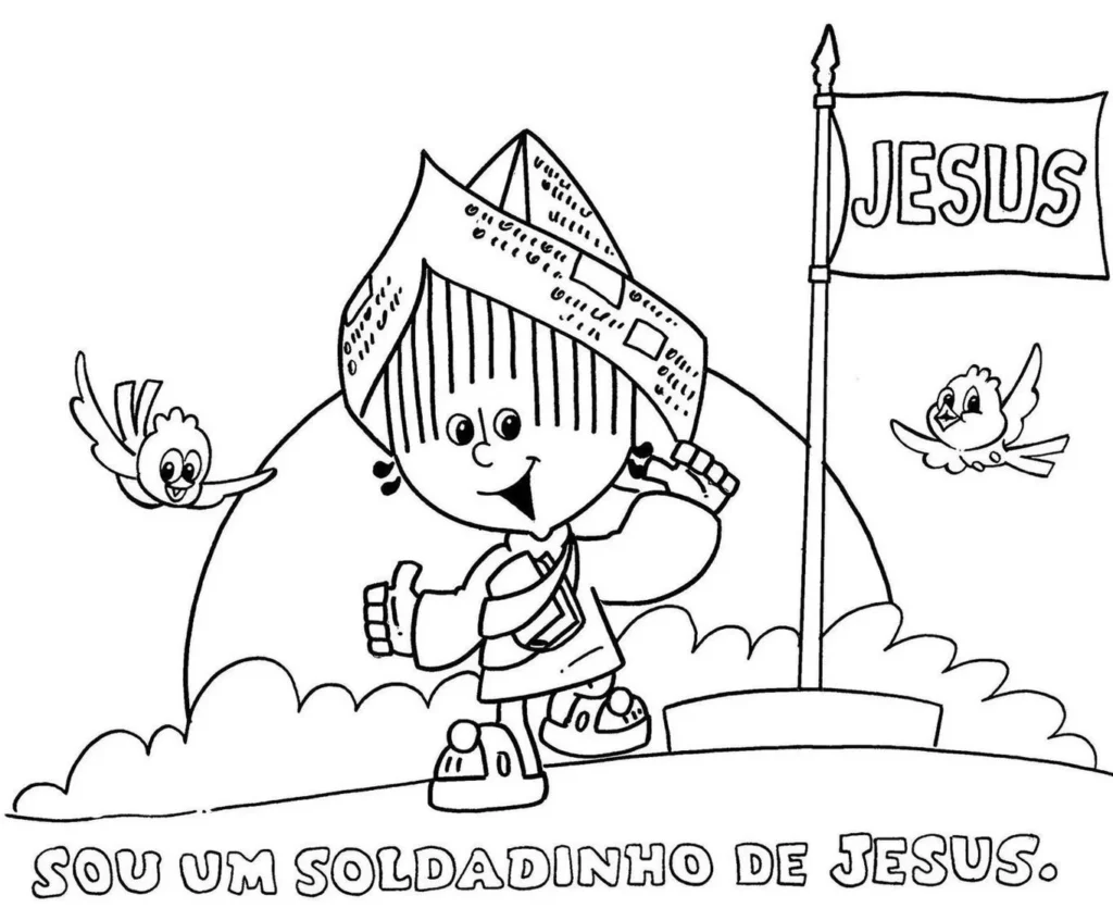 Turma do Cristãozinho Soldadinho de Jesus: Garoto com chapéu e bandeira 'JESUS'. Mensagem inspiradora: 'SOU UM SOLDADINHO DE JESUS'.
