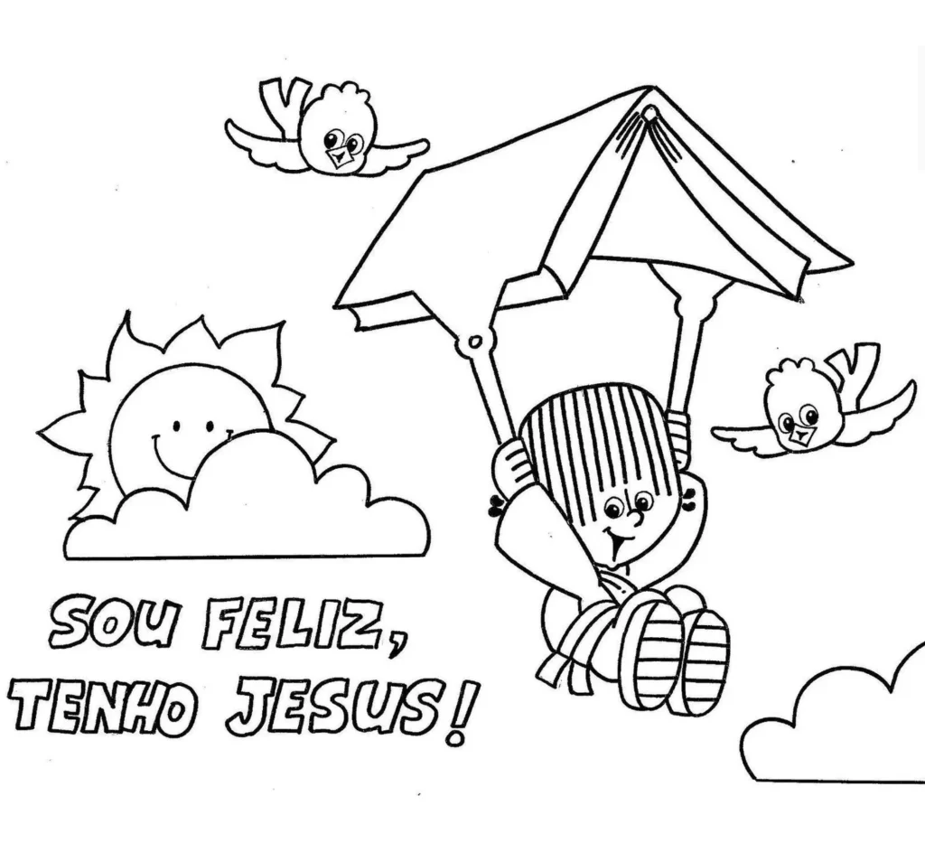 Criança feliz balançando com a mensagem 'SOU FELIZ, TENHO JESUS!'. Desenho religioso com sol e pássaros.