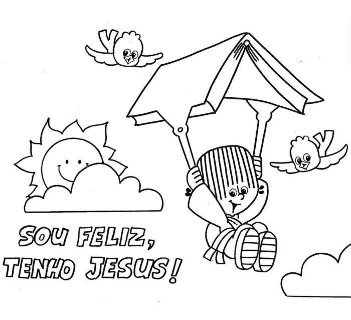Criança feliz balançando com a mensagem 'SOU FELIZ, TENHO JESUS!'. Desenho religioso com sol e pássaros.
