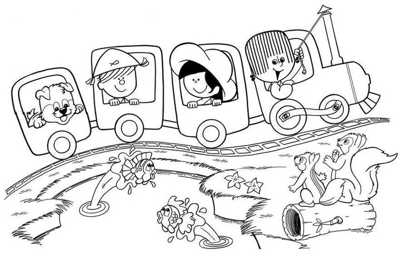 Turma do Cristãozinho no Trem da Alegria: amigos, cachorro, menino pescador e paisagens coloridas. Aventura cristã para famílias.