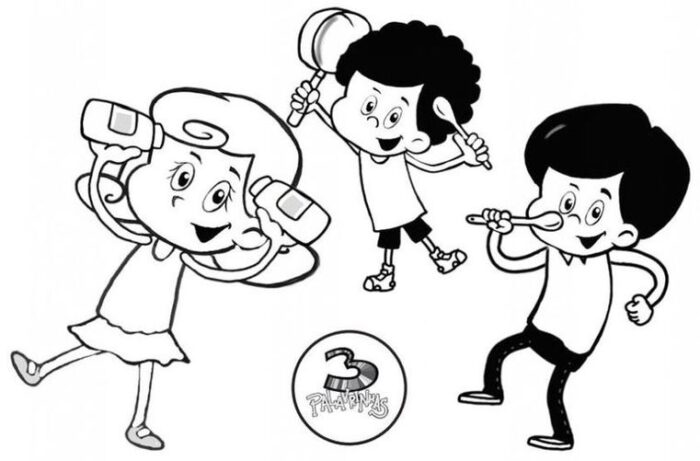 Desenhos das Três Palavrinhas para colorir Dançando Desenhos para colorir Três Palavrinhas: alegria e dança com a turminha! Menina com frascos, menino com colher e espelho, e o logo '3 Palavrinhas'. Diversão garantida com as Três Palavrinhas!