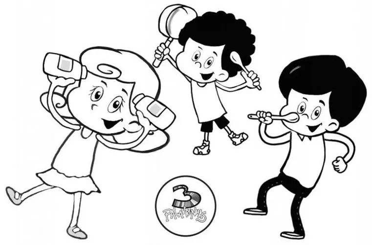 Desenhos das Três Palavrinhas para colorir Dançando Desenhos para colorir Três Palavrinhas: alegria e dança com a turminha! Menina com frascos, menino com colher e espelho, e o logo '3 Palavrinhas'. Diversão garantida com as Três Palavrinhas!