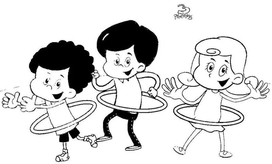Desenhos das Três Palavrinhas para colorir Davi, Miguel e sara Três Palavrinhas para colorir: Davi, Miguel e Sara se divertem com bambolês. Desenhos para pintar com o logo visível.