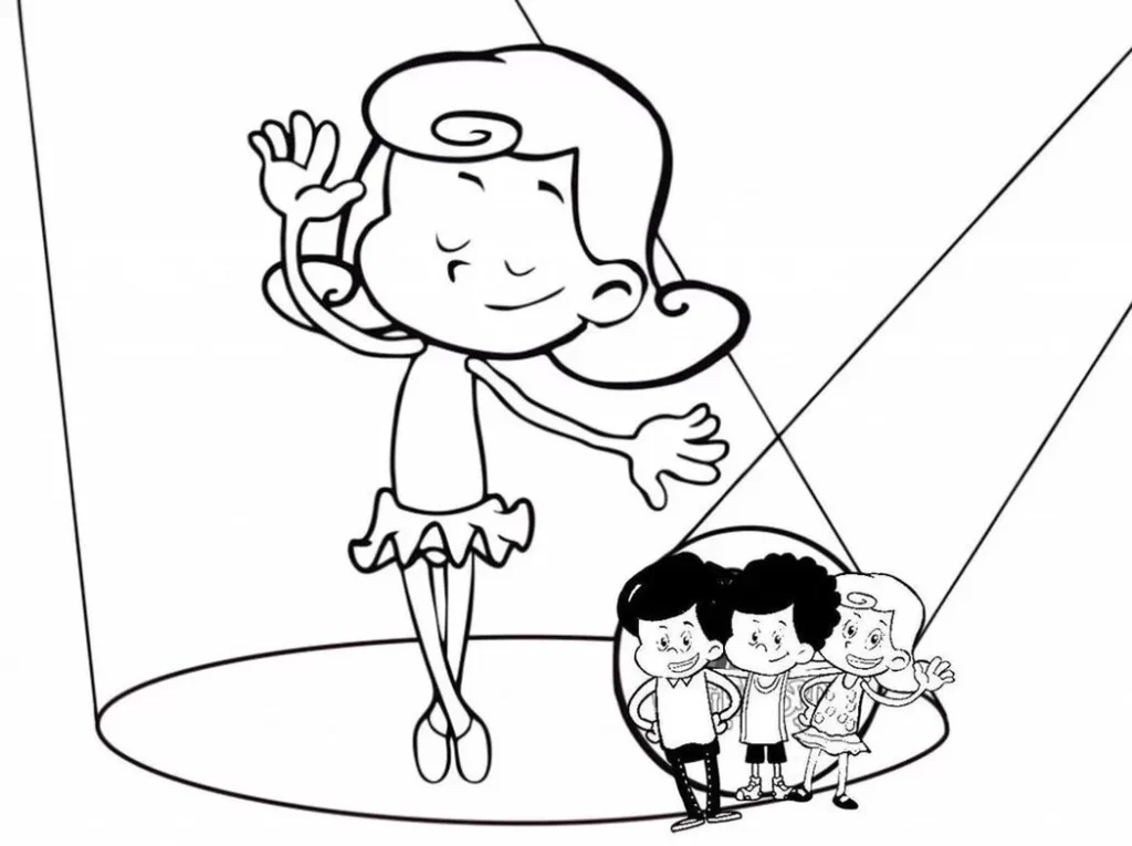 Desenhos das Três Palavrinhas para colorir Sara dançando balé Sara das Três Palavrinhas bailarina: desenho para colorir com a personagem dançando balé em um palco iluminado.