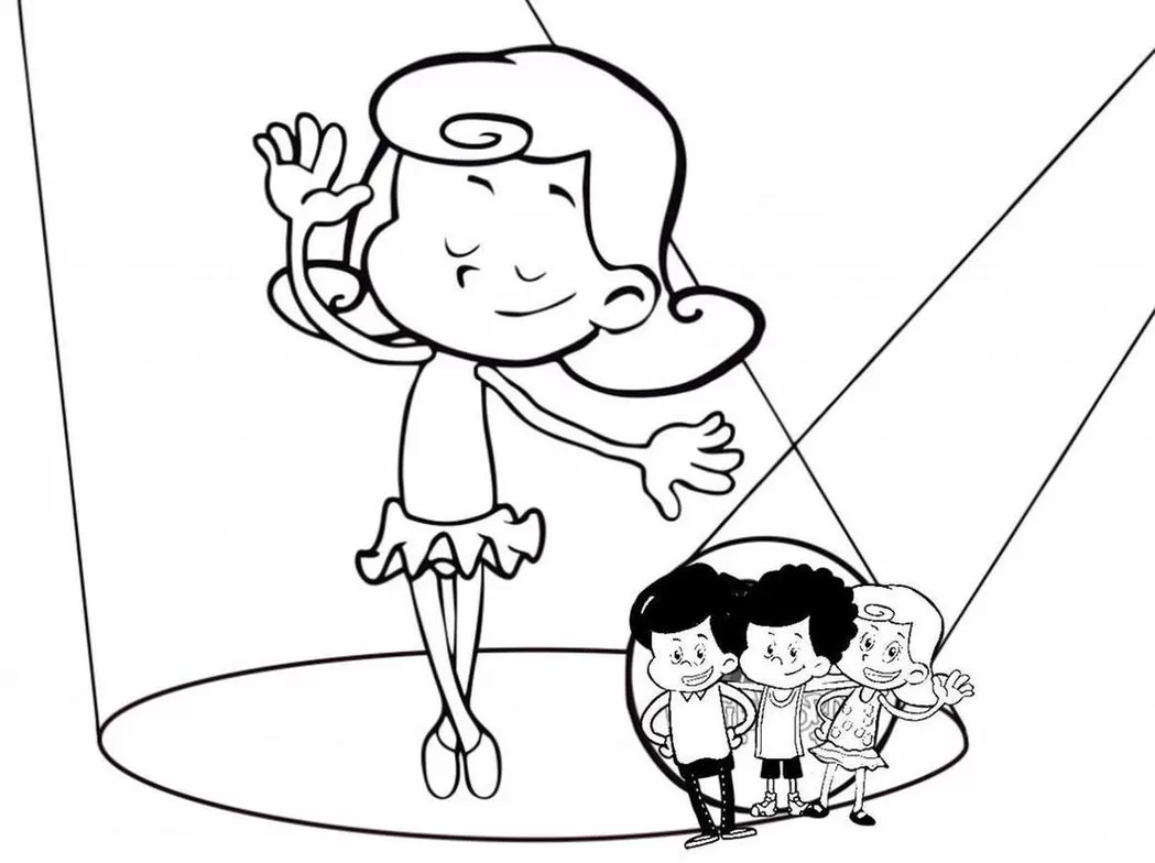 Desenhos das Três Palavrinhas para colorir Sara dançando balé Sara das Três Palavrinhas bailarina: desenho para colorir com a personagem dançando balé em um palco iluminado.