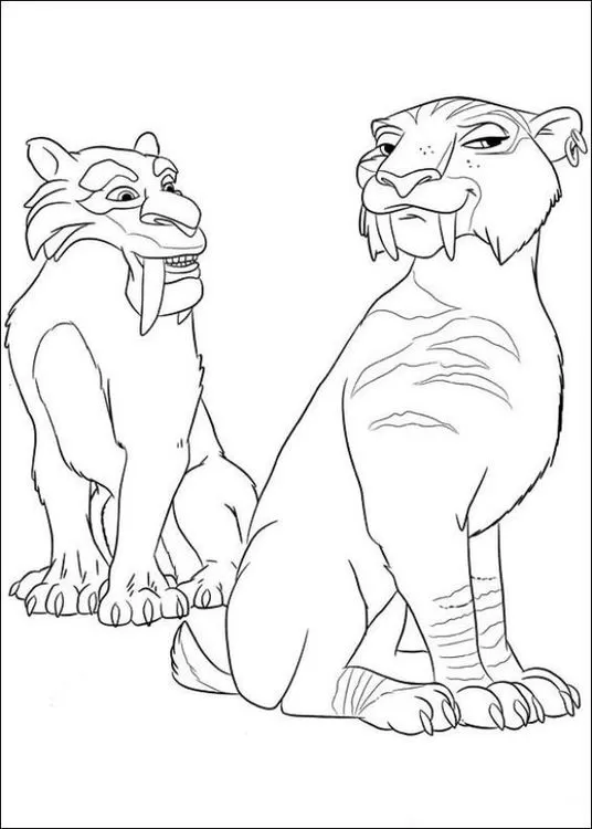 Desenho para colorir: Diego e amigo, felinos da Era do Gelo. Detalhes das listras e dentes-de-sabre.