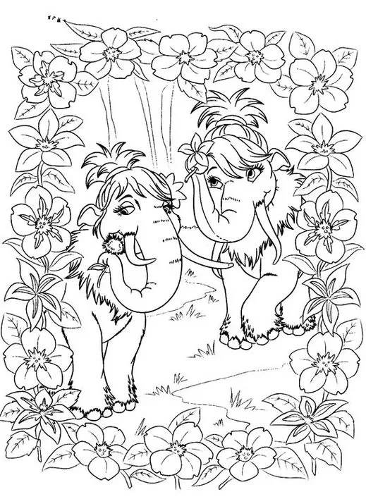Desenho para colorir: Ellie e mamãe mamute de A Era do Gelo em meio a flores e árvores.