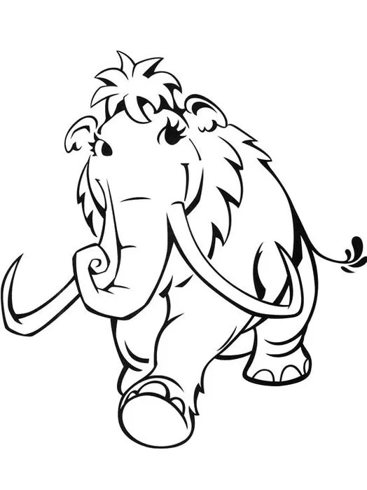 Ellie, a mamute de A Era do Gelo, em desenho alegre para pintar. Destaque nos detalhes da pelagem, tromba, orelhas e presas. Atividade criativa com mamíferos da era glacial.